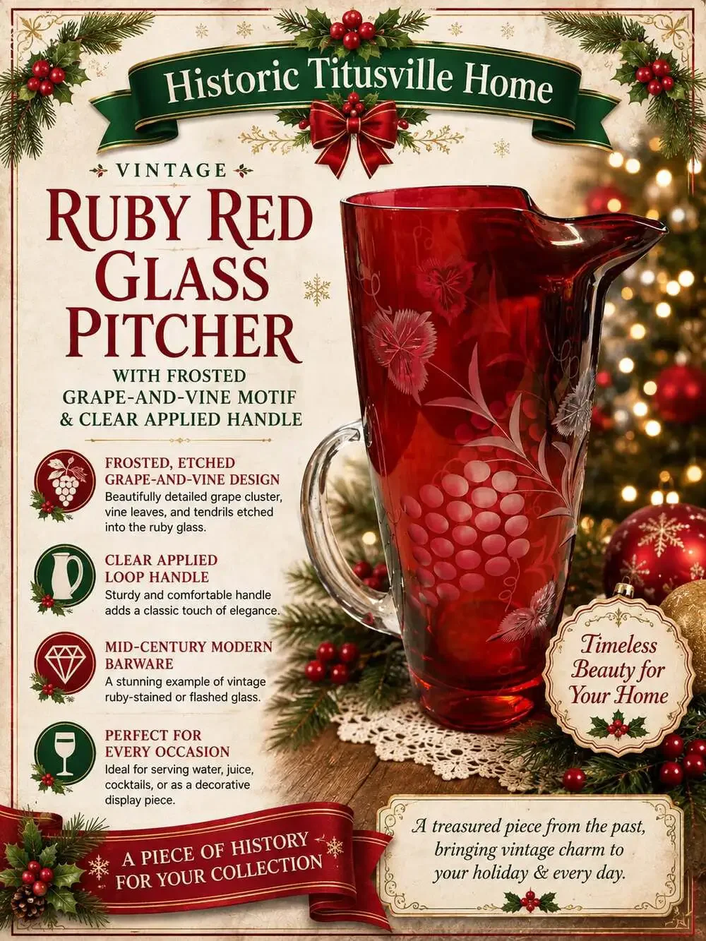 Vintage Ruby Red Glass Pitcher With Frosted Grape-And-Vine Motif And Clear Appli